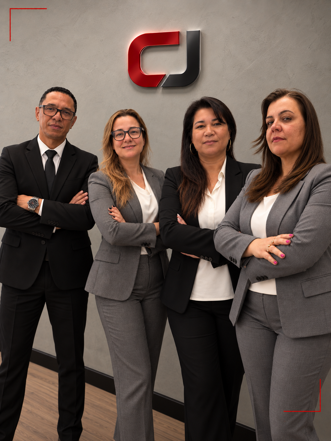 Equipe jurídica da CJ Assessoria diante do logotipo institucional