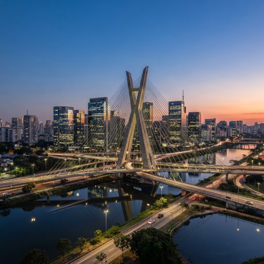 Ponte Estaiada Octávio Frias de Oliveira e o skyline empresarial de São Paulo ao entardecer